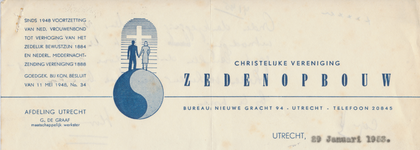 712266 Briefhoofd van een brief van de Christelijke Vereniging Zedenopbouw, Bureau: Nieuwe Gracht 94 te Utrecht.